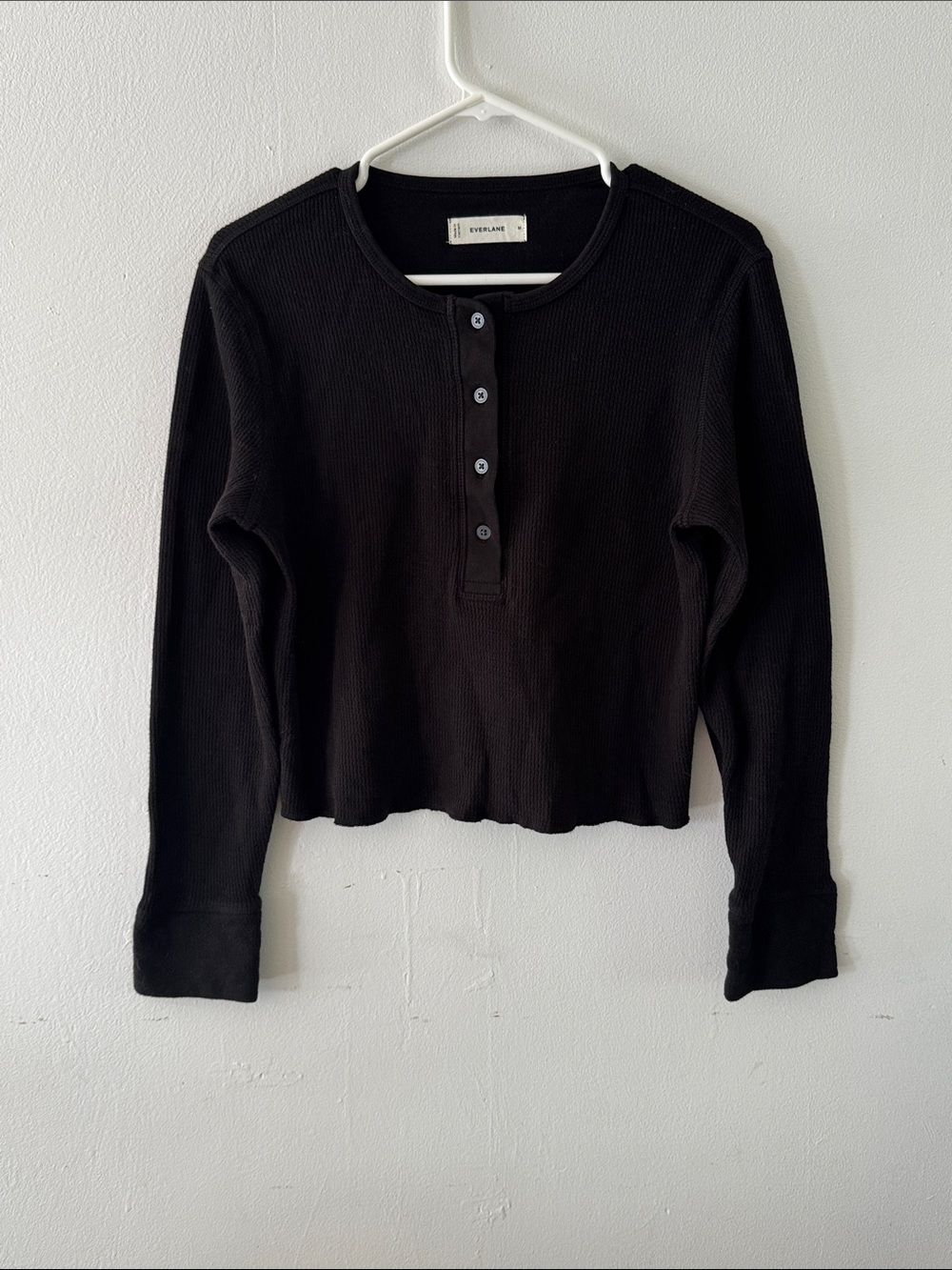 Everlane Black Cotton Waffle Henley Sz M